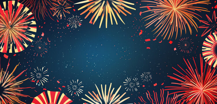 Central blank space in an ultrawide festive fireworks design with patriotic flag colors.