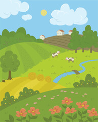 Village landscape. Scenic nature vector illustration. Farm land with grazing cows. Plowed fields, hay harvesting, meadow with wild flowers.