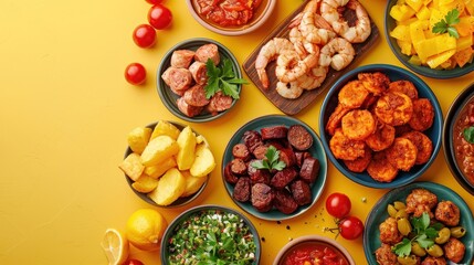 A table full of food with a yellow background - Powered by Adobe