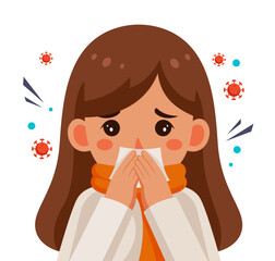 Sick girl sneezing and influenza cartoon illustration