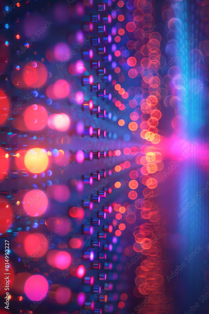 Poster a digital composition of pixelated bursts and waves in a spectrum of led-like lights, reflecting the