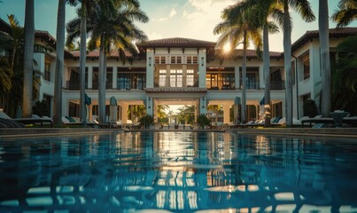 Fototapeta premium View from within a crystal-clear swimming pool looking at a grand mansion surrounded by lush palm trees under a blue sky