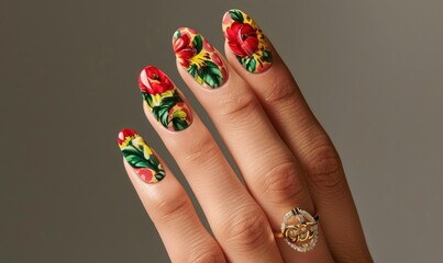 Close-up of hands with intricately designed floral patterned nail art on a bright yellow floral backdrop
