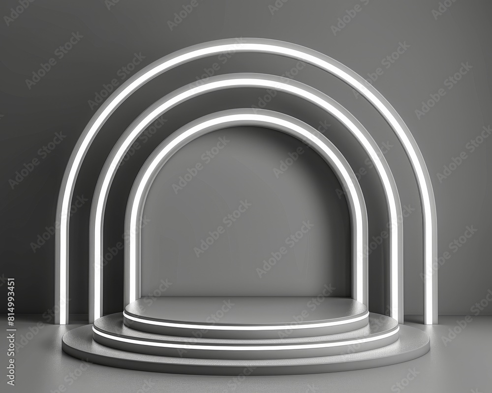 Poster 3d rendering. futuristic empty stage, podium for product showcase with glowing neon light.