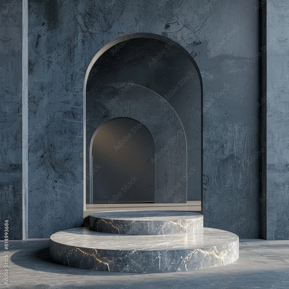 Aufkleber 3d rendering. blue concrete podium in the dark. abstract background with arch. pedestal or platform 