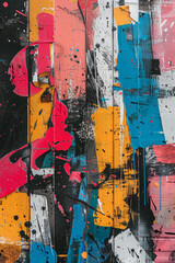 Fototapeta premium A wall of graffiti tags and street art overlaid with spontaneous brush strokes, reflecting urban and contemporary musical influences,