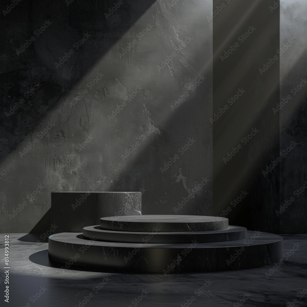 Poster 3d rendering of a dark and moody product display stage.
