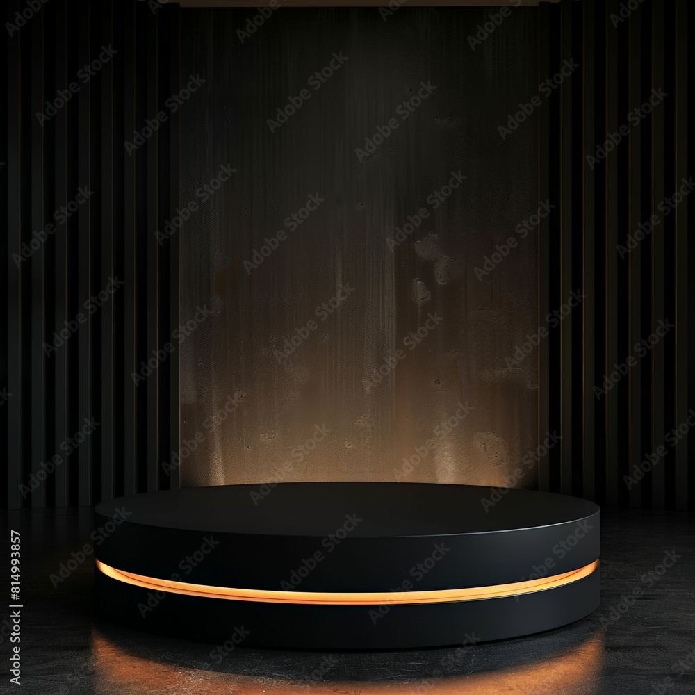 Poster 3d rendering of a dark and mysterious stage with a glowing orange light on the floor.
