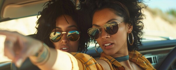 Two young women having fun while driving a convertible on a sunny day, one with sunglasses pointing...