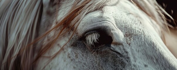 The intricate details of a white horse's eye and mane captured in a stunning monochromatic close-up