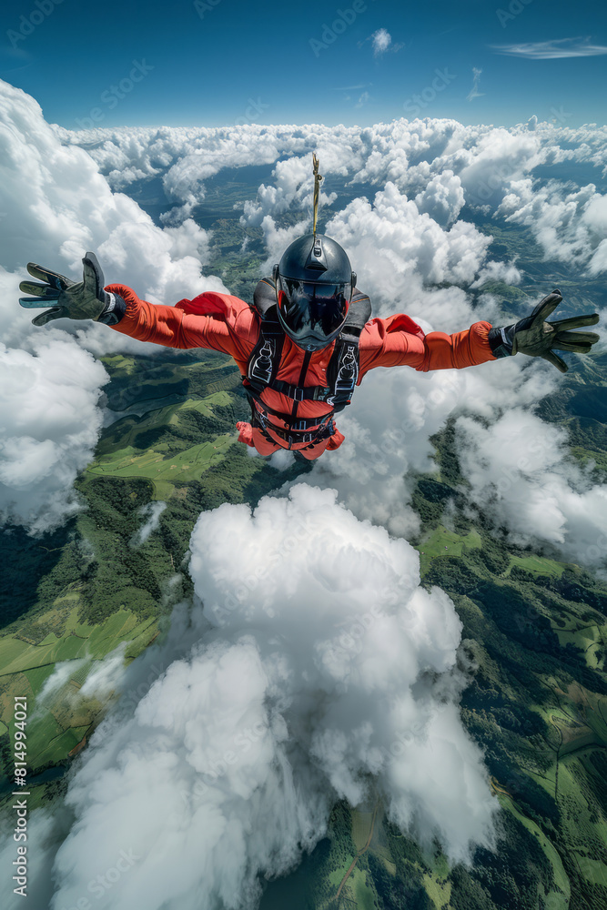 Poster Dynamic image of a skydiver plunging through fluffy, white clouds with a panoramic view of green hills below,
