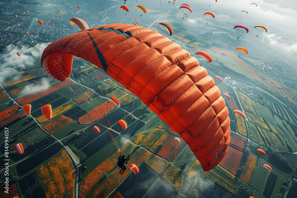 Poster illustration of multiple parachutists in free fall over a colorful patchwork of agricultural fields,