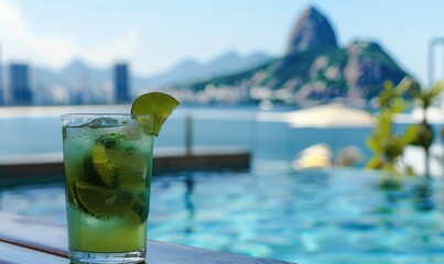 A cold caipirinha cocktail sits invitingly in the foreground with the famous Sugarloaf Mountain of Rio de Janeiro in the distance