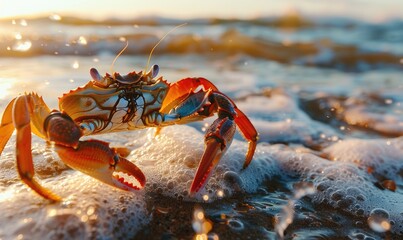 A vividly detailed crab stands alert on a sandy beach, bathed in the warm golden light of the setting sun creating a serene scene