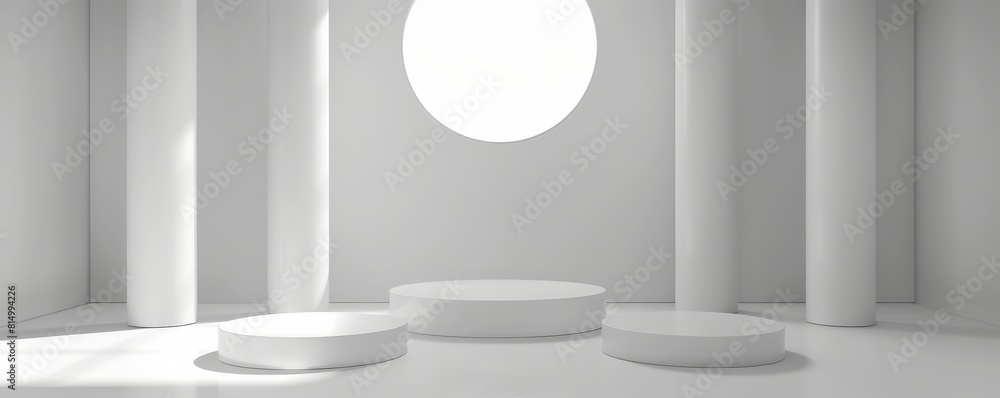Poster 3d rendering of a white podium with a circular spotlight in the background.