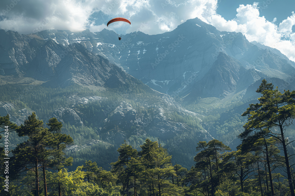 Poster scene of a parachutist floating above an ancient forest, with old-growth trees spreading out beneath