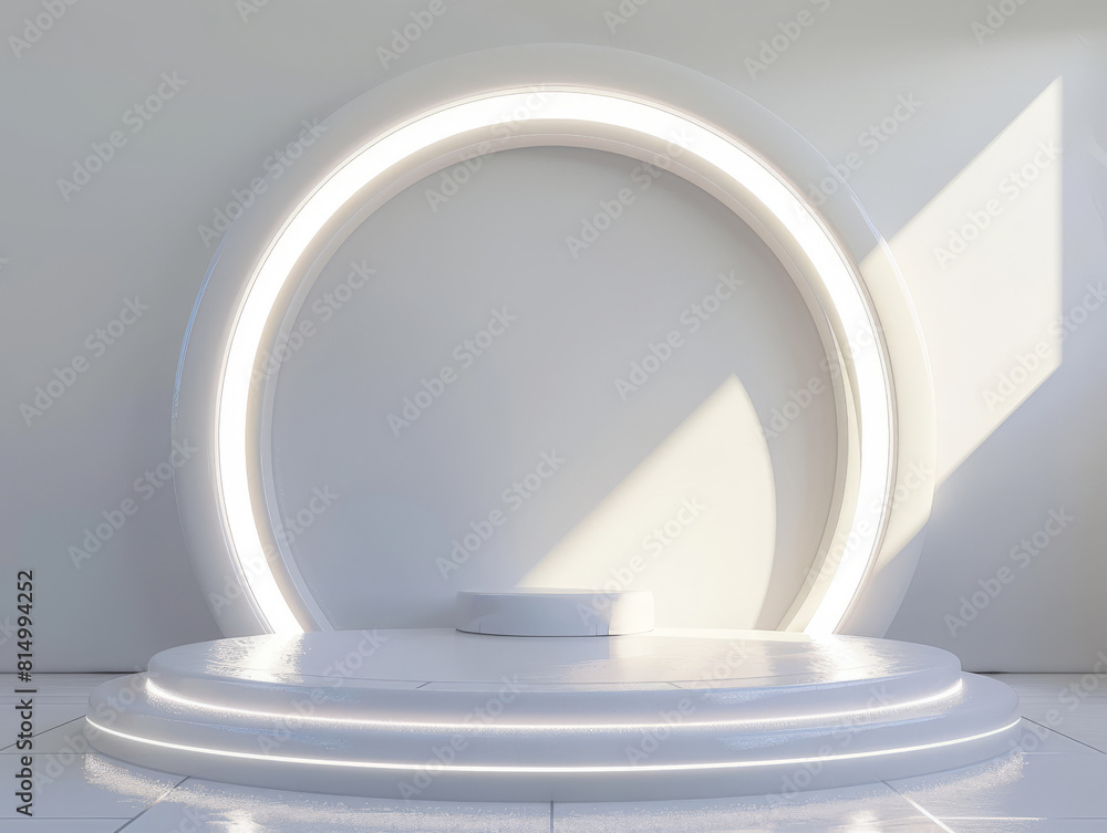 Aufkleber 3d rendering of a white podium with a circular backdrop.