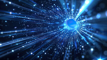 Fototapeta premium Glowing speed lines, shiny particles and dynamic rays on a dark blue background