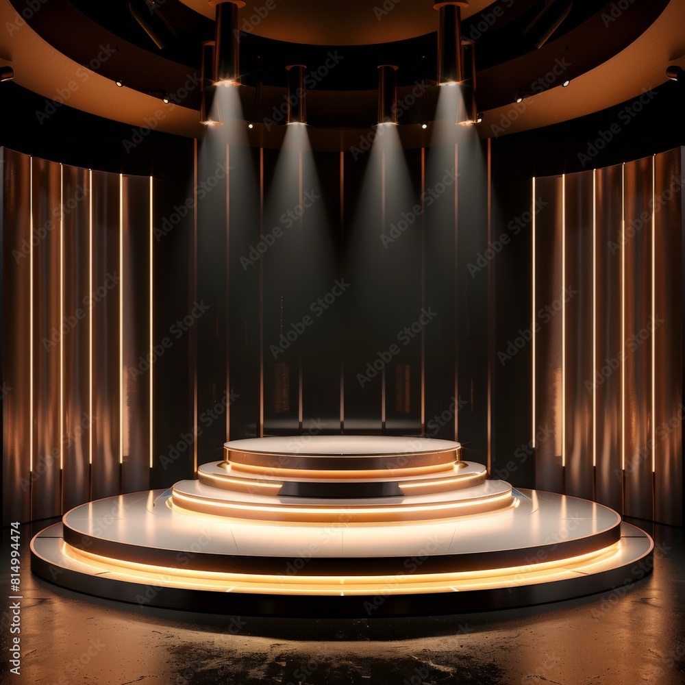 Poster 3d rendering of an empty stage with a spotlight.