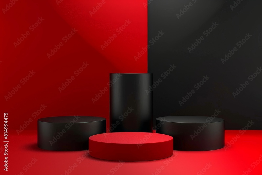 Poster 3d rendering of black and red podiums on red and black background.