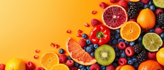 A colorful assortment of fruits including oranges, kiwis, and raspberries
