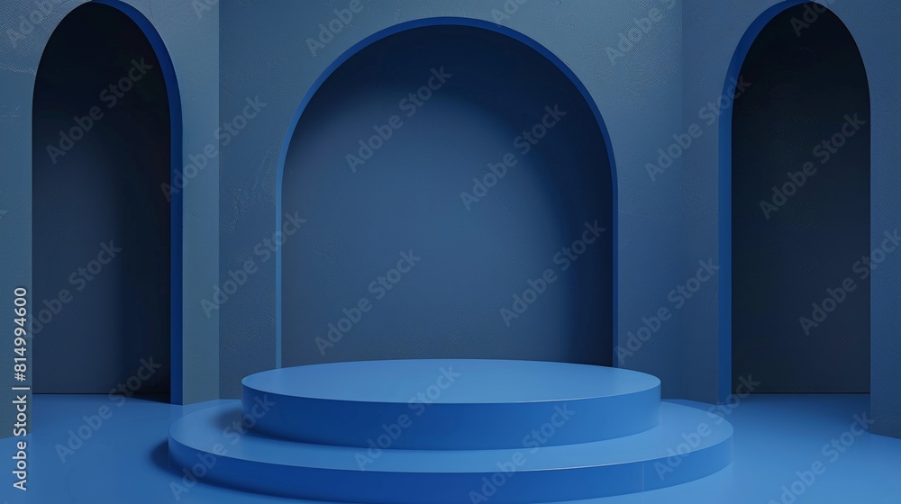 Poster 3d rendering of blue podium minimal scene. empty pedestal for product showcase. abstract background 
