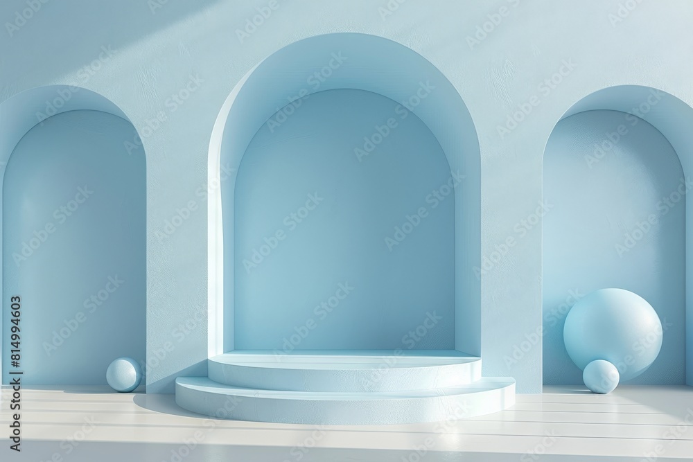 Poster 3d rendering of blue podium minimal scene with geometrical shapes. abstract background for product p