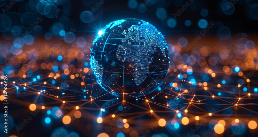 Poster a glowing digital globe showcasing interconnected network nodes representing global connectivity.
