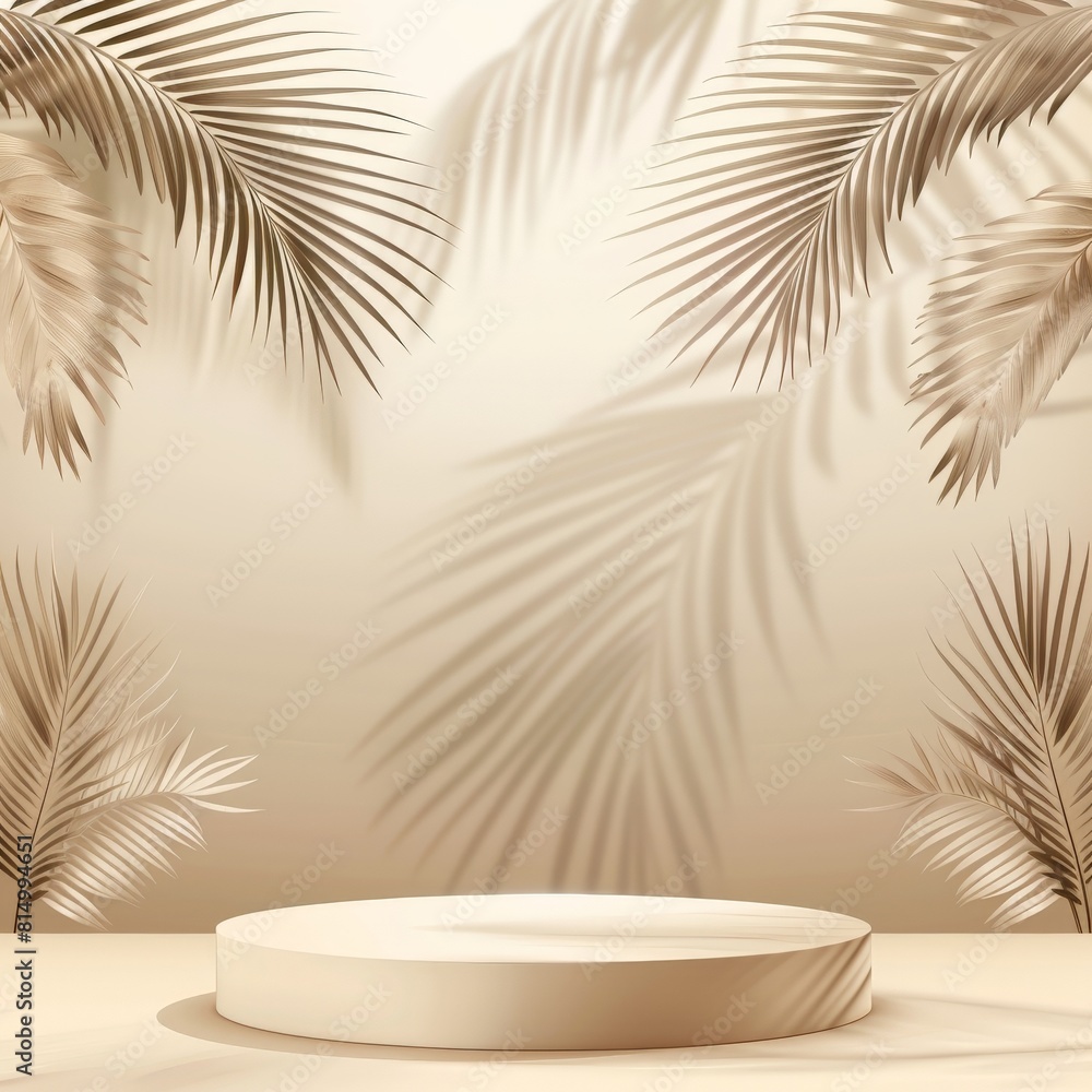 Poster 3d rendering of empty beige podium with palm leaves shadows on beige background. pedestal or platfor