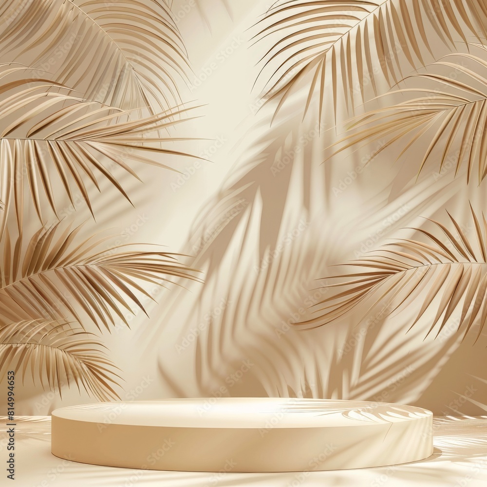 Poster 3d rendering of empty beige podium with palm leaves.