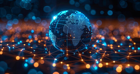 A glowing digital globe showcasing interconnected network nodes representing global connectivity.