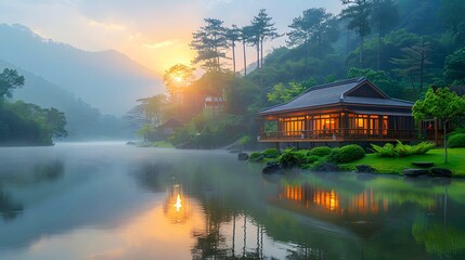 Fototapeta premium Quiet vacation home It emphasizes the healing benefits of nature in promoting healing and recovery.