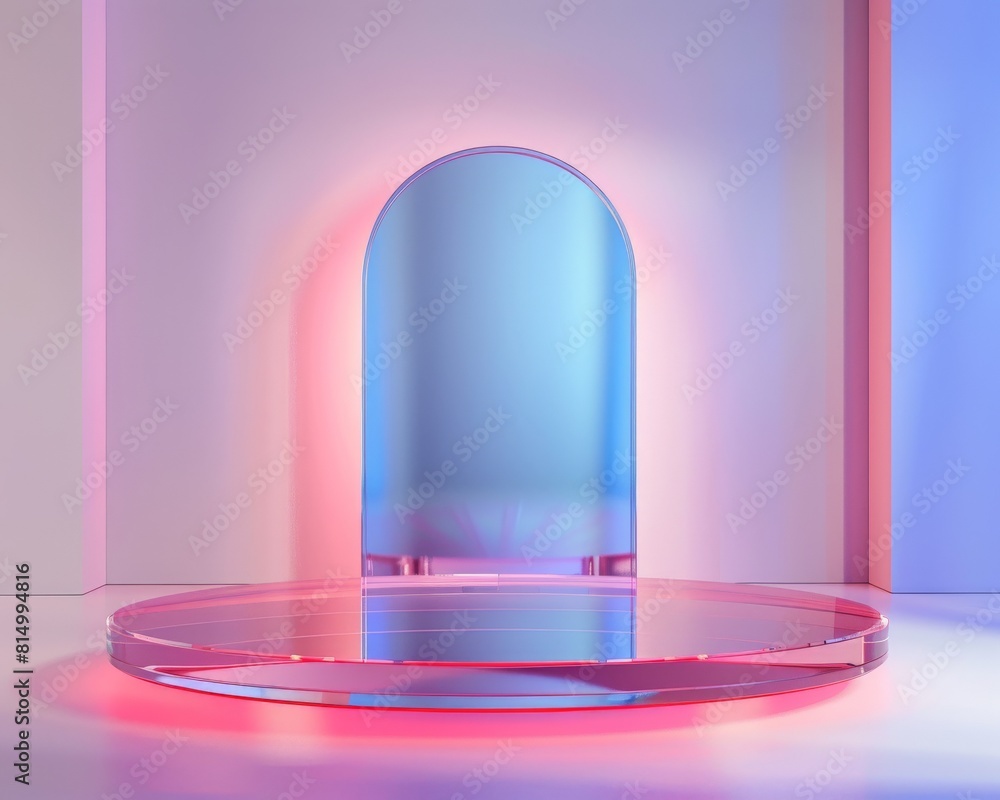 Poster 3d rendering of empty pink glass showcase or podium for product presentation with arch.