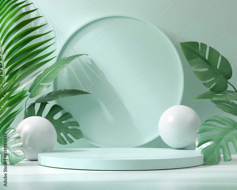 Poster 3d rendering of empty podium for product display with palm leaves on pastel green background.