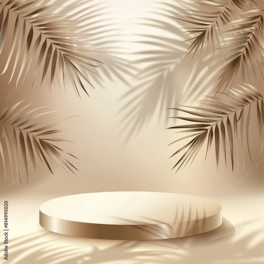Poster 3d rendering of empty podium with palm leaves shadows.