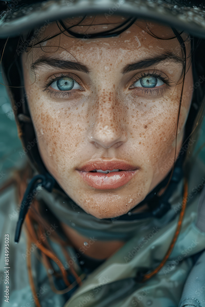 Poster close-up of a kayakerâ€™s determined face as they confront a challenging rapid, emphasizing the inte