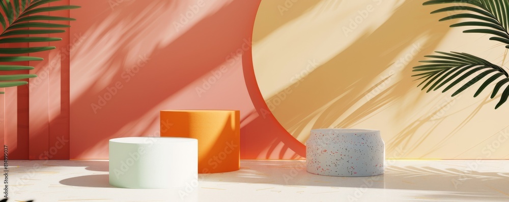 Poster 3d rendering of empty podiums for product presentation.