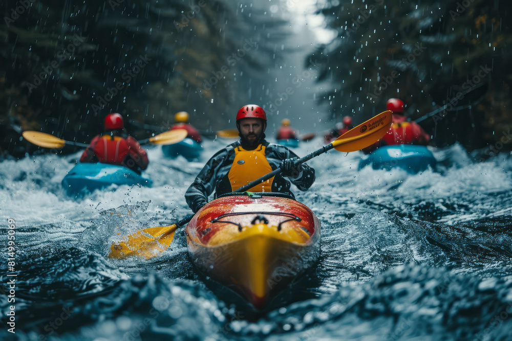 Poster artistic depiction of multiple kayakers racing down a river, their colorful kayaks contrasting with 