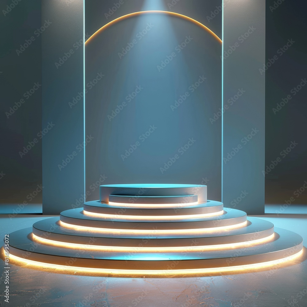 Poster 3d rendering of empty stage podium with glowing neon lights.