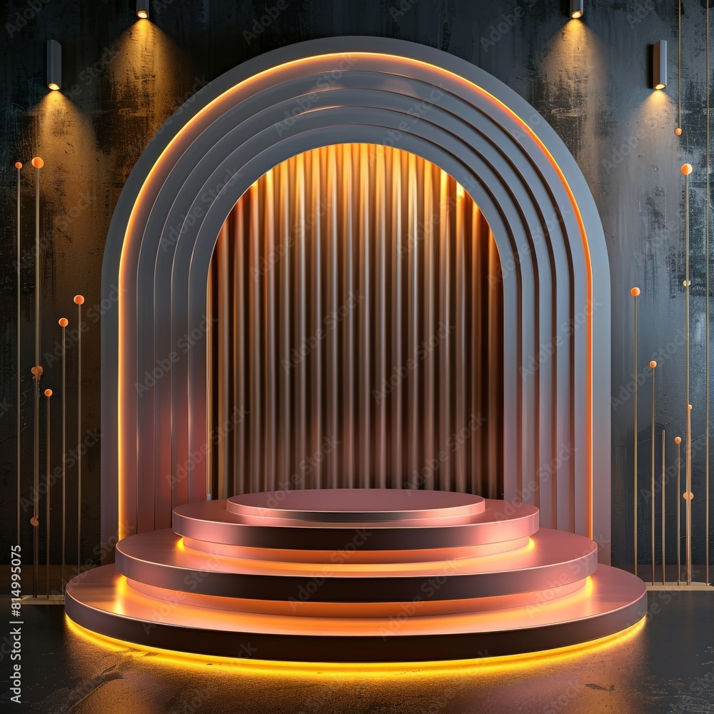 Poster 3d rendering of empty stage podium with golden arch.