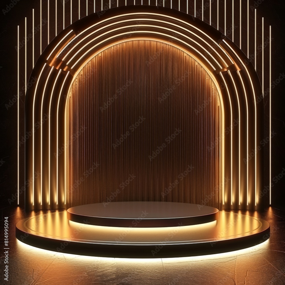Poster 3d rendering of empty stage podium with golden glowing lights.