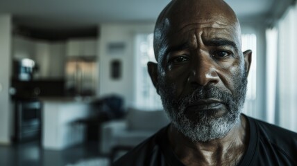 Portrait of a bearded African American man showing his expressive facial features, bald head and beard. Elements of the apartment's interior are visible in the background