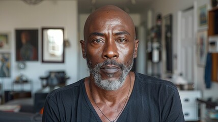Portrait of a bearded African American man showing his expressive facial features, bald head and beard. Elements of the apartment's interior are visible in the background