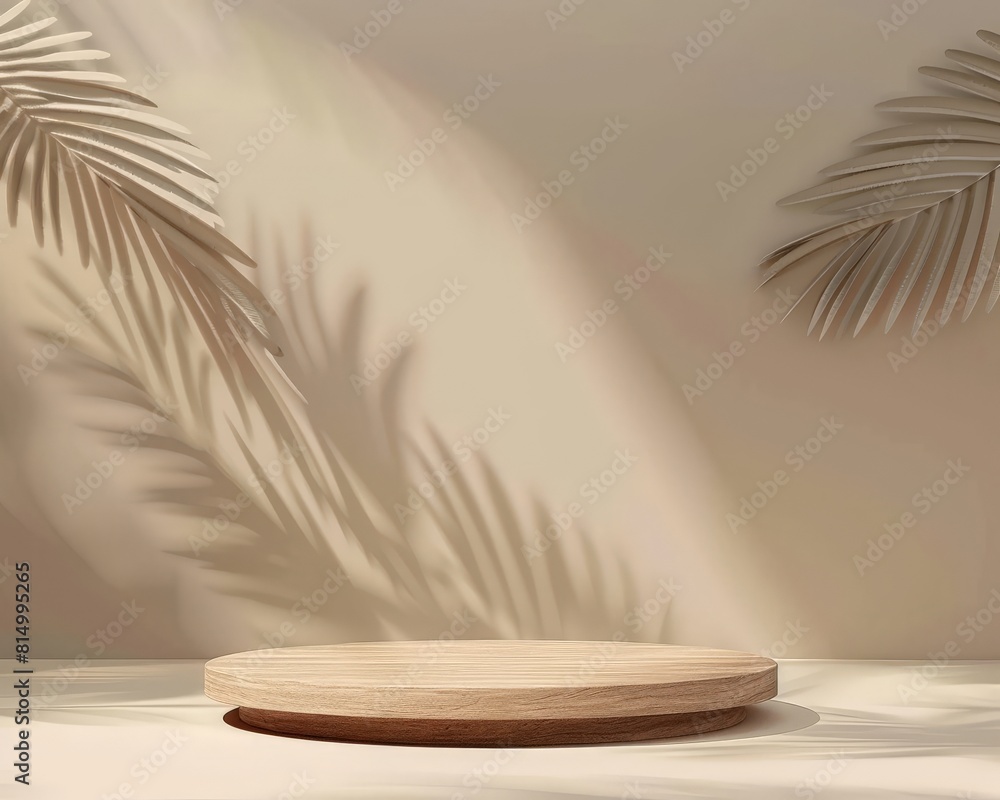 Poster 3d rendering of empty wood podium with palm leaf shadow on beige background.