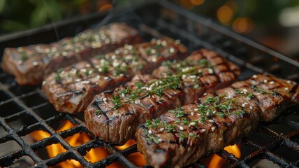 A roasted beef steak generously seasoned with aromatic herbs and spices is presented on a natural wood board. The dark stone background creates an atmosphere of natural strength and confidence.