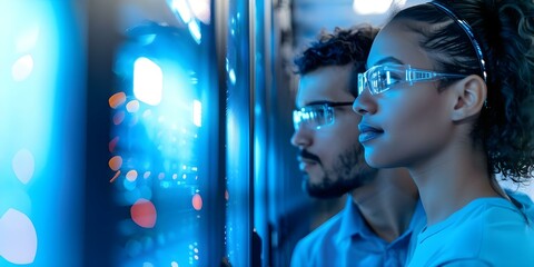 Naklejka premium A young couple managing servers in a data center. Concept Technology, Relationship, Data Center, Servers, Young Couple