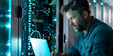 Male IT technician using laptop in front of open server rack cabinet. Concept Technology, IT, Computers, Server Rack, Corporate Environment