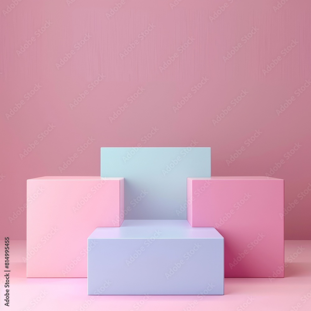 Poster 3d rendering of pink and blue pastel podium. abstract minimal geometric shapes. empty showcase for p