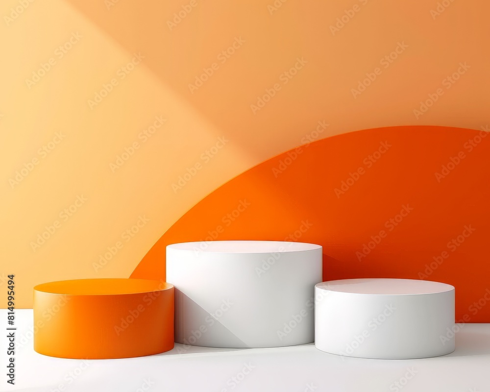 Aufkleber 3d rendering of three empty podiums against orange background.