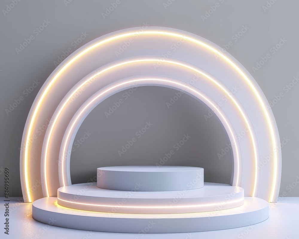 Poster 3d rendering. white podium with led light for product showcase.
